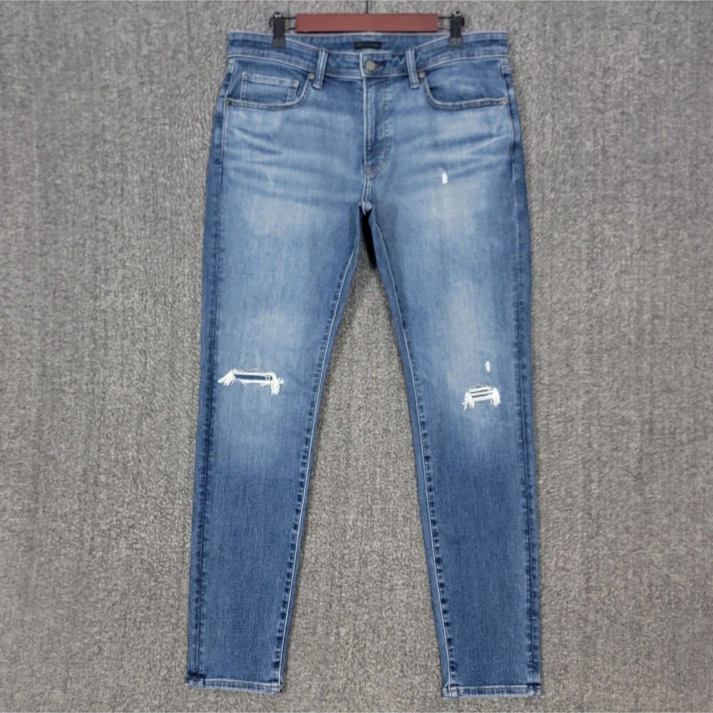 Uniqlo Jeans Mens 34x30* Blue Skinny Tapered Low Rise Ultra Stretch Distressed